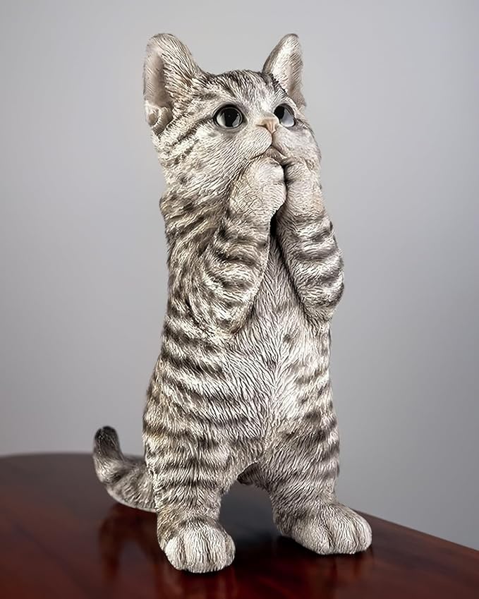 Coolboy Cute Prayer Gray Cat Figurine Art, Outdoor Garden Decoration, Resin Cat Sculpture for Lovers