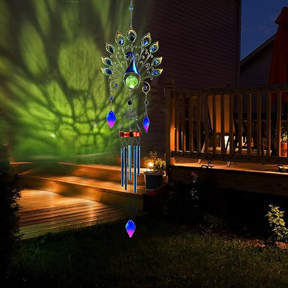 Pearlstar Solar Wind Chimes Outdoor, 53.5" Large Peacock Wind Chimes Light with Crackle Glass Ball, Waterproof Colorful Metal Peacock Wind Chimes for Garden Patio Porch Yard Home Decor Memorial Gift…