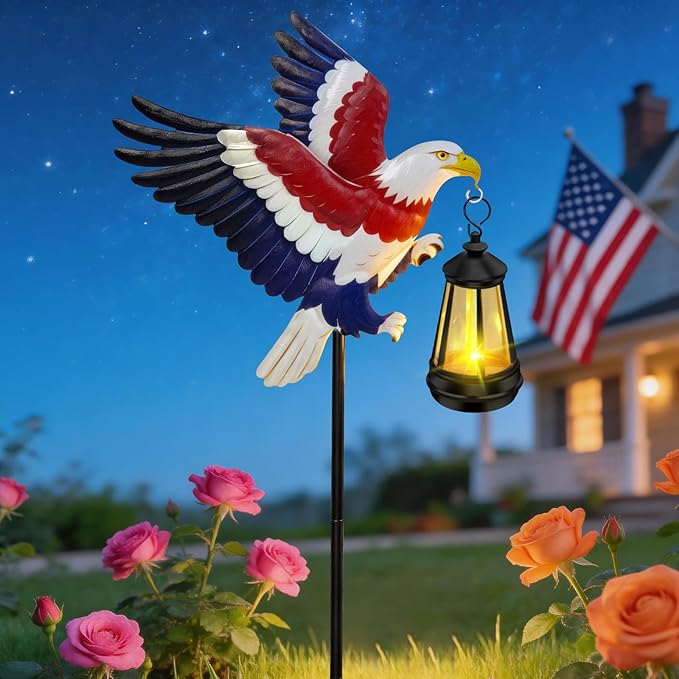 250th Anniversary America Eagle Garden Stake 4th of July Decorations Outdoor Patriotic Independence Memorial Day,29.9in Metal Eagle with Solar Lights,Decorative Garden Stakes for Yard Art Patio Porch