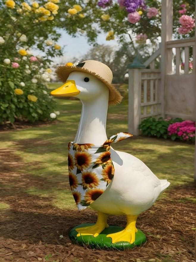 Summer Porch Goose Outfits Sunflower Goose Outfit Spring Geese Clothes Costume with Straw Hat Scarf for 17-23" Lawn Cement Plastic Geese Statue for Garden Yard Decor Accessories