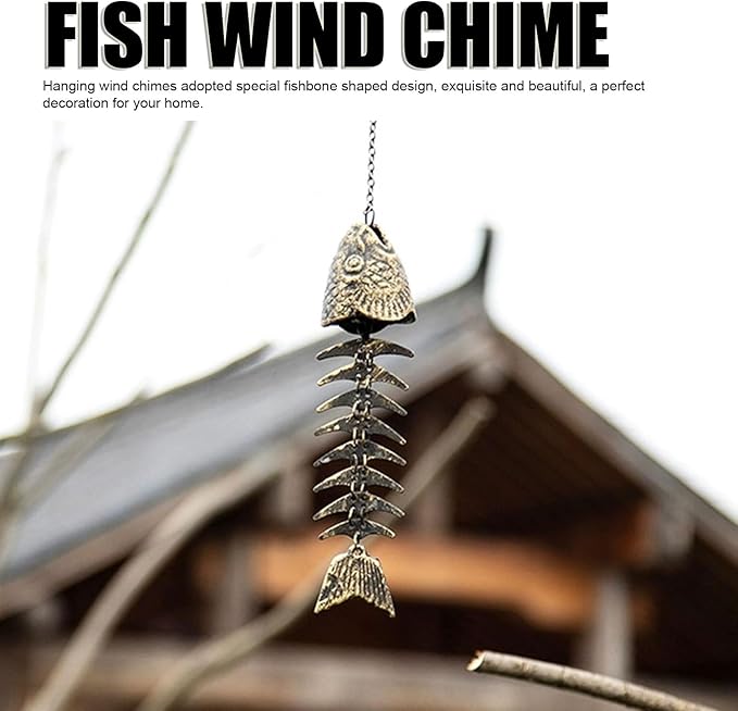 Fish Skeleton Windchime, Vintage Metal Wind Chimes for Home Yard Porch Hanging Decor