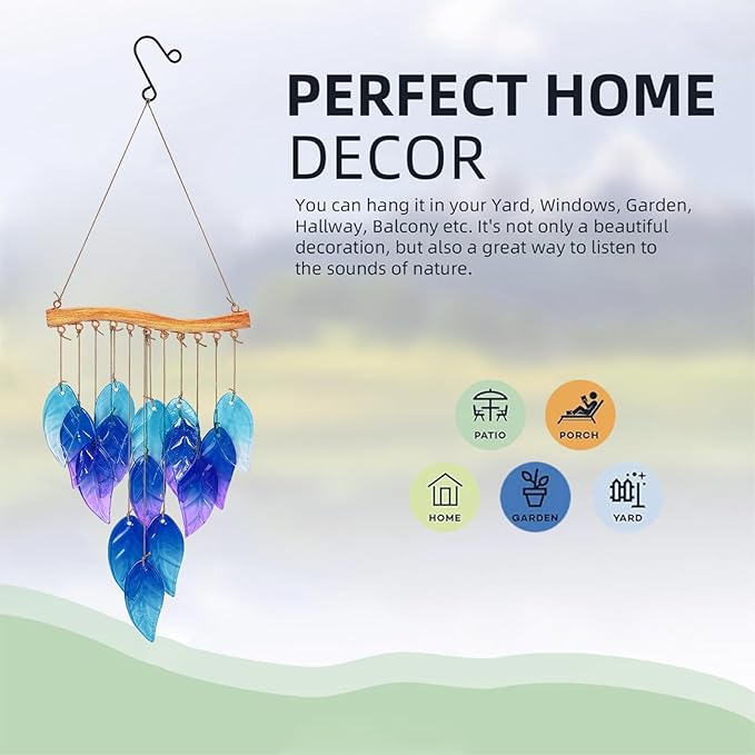 Wind Chimes Blue Glass Leaves, Garden Wind Chime for Home, Party, Festival Decor, Glass Garden Patio Yard Porch Decoration Indoor/Outside, Lifelike Leaf Style