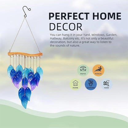 Wind Chimes Blue Glass Leaves, Garden Wind Chime for Home, Party, Festival Decor, Glass Garden Patio Yard Porch Decoration Indoor/Outside, Lifelike Leaf Style