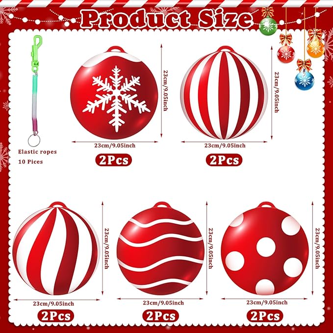 Jetec 10 Pcs Christmas Inflatable Balls Decorations 9 Inch PVC Inflatable Balls Winter Snowman Hanging Ornaments for Outdoor Garden Tree Party(Xmas Ball)