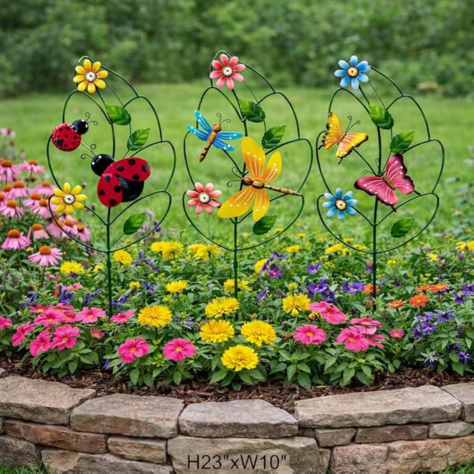 Decorative garden stakes for Outside,Set of 3, Metal Plant Support for Spring Decor, Yard Art Garden Decorations for Outdoor Lawn Porch Pathway