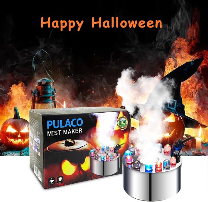 PULACO Mist Maker, 12 LED Mister Fogger Water Fountain Pond Fog Machine Atomizer Air Humidifier, Indoor Fountain Mister Foggers Perfect for Halloween