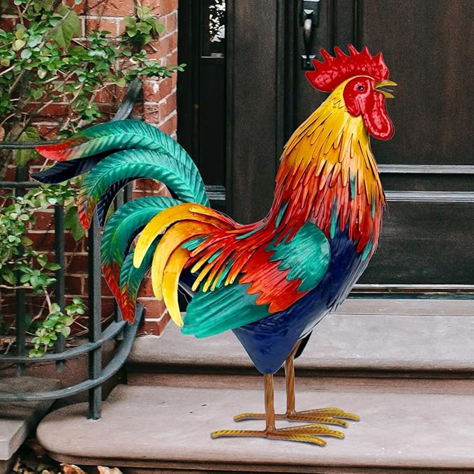 Kircust Metal Rooster Garden Statue Outdoor Decor Yard Art Chicken Decoration for Home Patio Lawn Backyard Farmhouse Kitchen