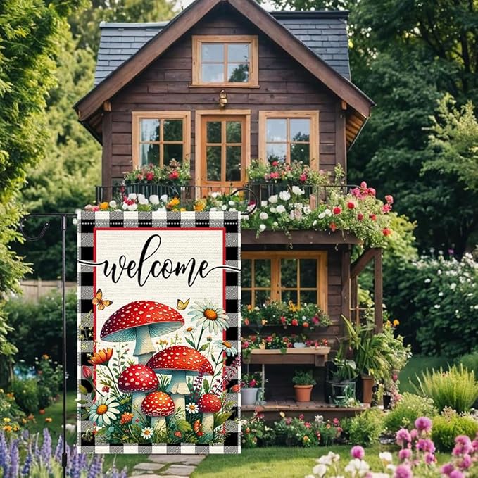 Welcome Mushrooms Garden Flag 12x18 Inch Burlap Double Sided, Buffalo Plaid Flowers Butterfly Colorful Floral Small Home Yard Outdoor Lawn Decor Rustic Farmhouse Flags Decorations