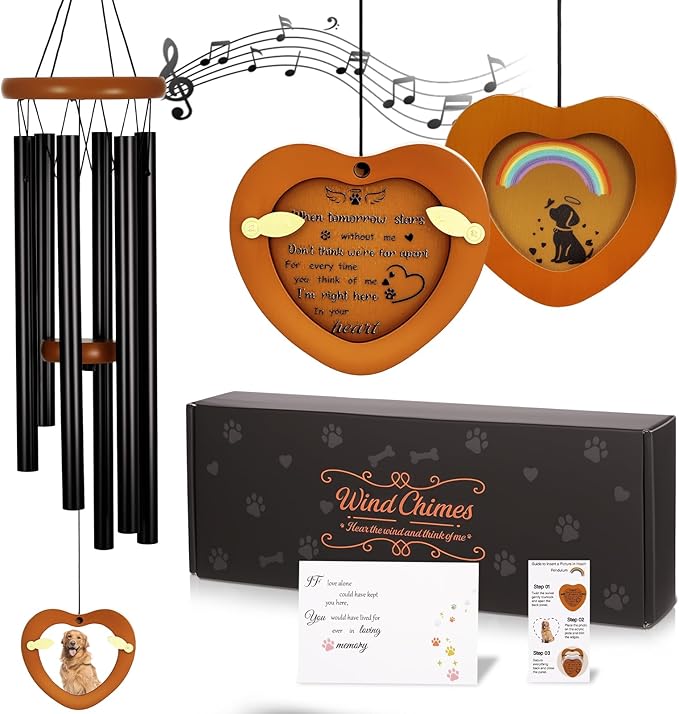 Pet Memorial Wind Chimes Outdoor for Loss of Dog with Photo Frame Personalized Sympathy Wind Chime Sympathy Bereavement Gift in Memory for Pet Loss