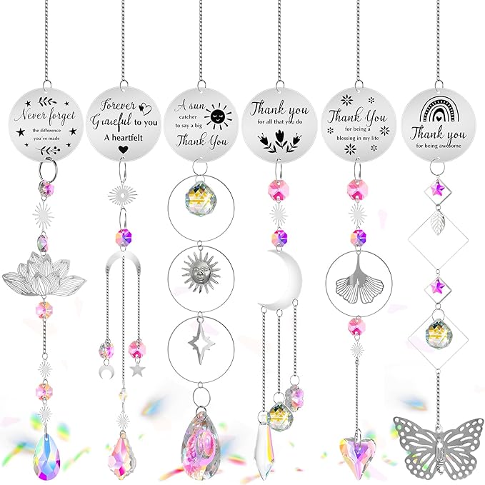 Briwooody 6 Pcs Thank You Gifts for Women Crystal Suncatcher Thank You with Engraved Message Hanging Sun Catcher Ornament for Windows Friend Family Teacher Coworkers Appreciation Gratitude Gift
