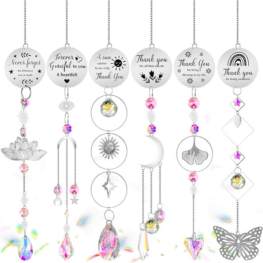 Briwooody 6 Pcs Thank You Gifts for Women Crystal Suncatcher Thank You with Engraved Message Hanging Sun Catcher Ornament for Windows Friend Family Teacher Coworkers Appreciation Gratitude Gift