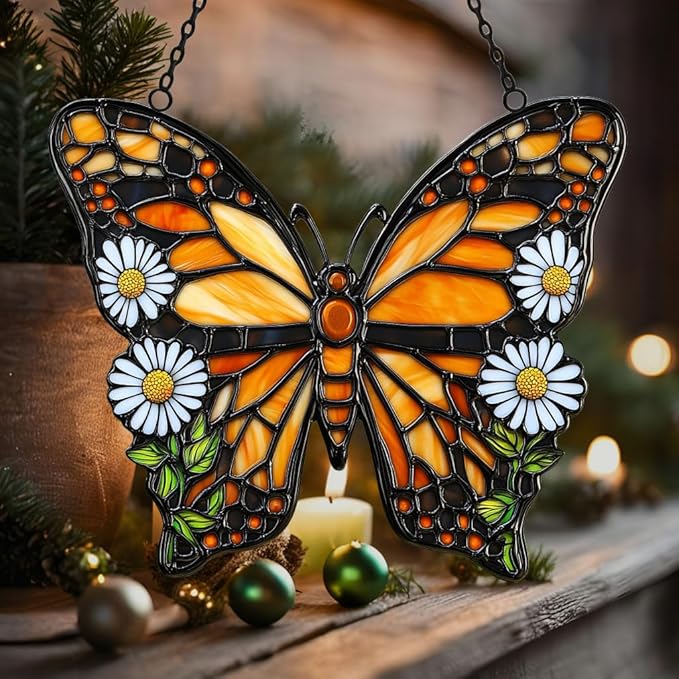 Vivid Tiffany Butterfly Floral Acrylic Suncatcher Stained Glass Effect Window Car Hanging Christmas Ornament Indoor Outdoor Decor Garden Sun Catcher Panel for Butterfly Lover for Women Mom Grandma