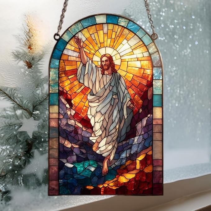 Radiant Mosaic Jesus Christ Acrylic Suncatcher Stained Glass Effect Window Car Hanging Christmas Ornament Indoor Outdoor Decor Garden Sun Catcher Panel for Women Mom Grandma