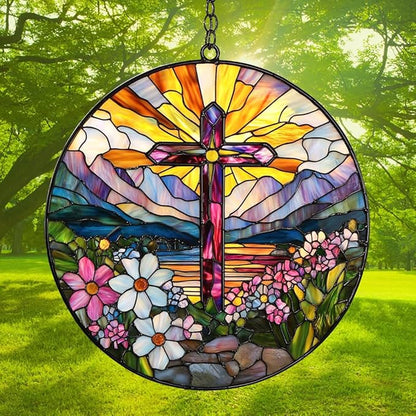 Flowers Hill Cross Acrylic Suncatcher Stained Glass Effect Window Car Hanging Christmas Ornament Indoor Outdoor Decor Garden Memorial Sun Catcher for Family Christmas Jesus Gift for Women Mom Grandma