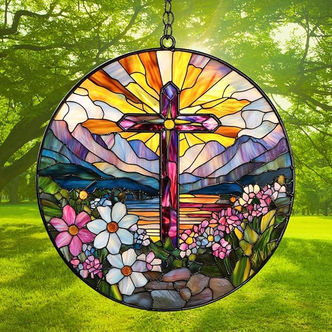 Flowers Hill Cross Acrylic Suncatcher Stained Glass Effect Window Car Hanging Christmas Ornament Indoor Outdoor Decor Garden Memorial Sun Catcher for Family Christmas Jesus Gift for Women Mom Grandma