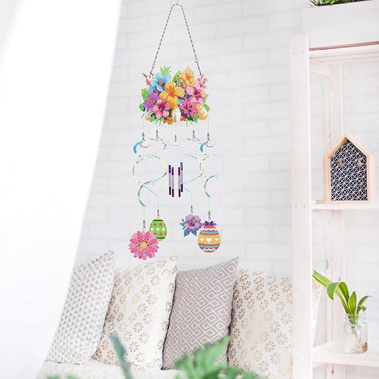 DIY Wind Chime Pendant Spring 3D Diamond Art Painting Hanging Ornament Double Sided Diamond Suncatchers for Window Home Backyard Garden Wall Door Decor-Flowers