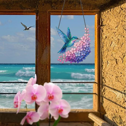 Stained Glass Window Hanging Suncatcher Hummingbird with Flowers Bird Sun Catcher Wall Decor for Bedroom Pink Room Decor Gifts for Mom, Bird Lovers, Friends