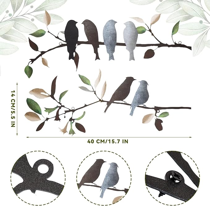Demissle 2 Pcs Metal Birds Wall Art Decor Vivid Birds on Branch with Leaves Rustic Wall Decor Waterproof Metal Sculpture Hanging Sign for Home Balcony Garden Indoor Outdoor(Retro Colors)