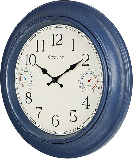 Crosstime 18 Inch Large Outdoor Wall Clock Waterproof with Thermometer & Hygrometer Combo – Vintage Farmhouse Weather Station for Patio, Pool, Garden, Backyard – Blue