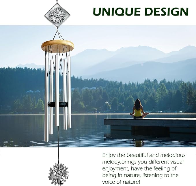 Daisy Wind Chime for Outside,29 "Memorial Outdoor Wind Chimes Sunflower Gifts for Women/Mother/Father/Christmas,Unique Windchimes Outdoors Daisy Garden Patio Home Yard Decor (Silver)