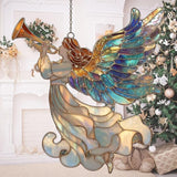 Whistle Angel Mosaic Style Tiffany Effect Acrylic Suncatcher Stained Glass Effect Window Car Hanging Christmas Ornament Indoor Outdoor Decor Garden Sun Catcher Panel for Women Mom Grandma