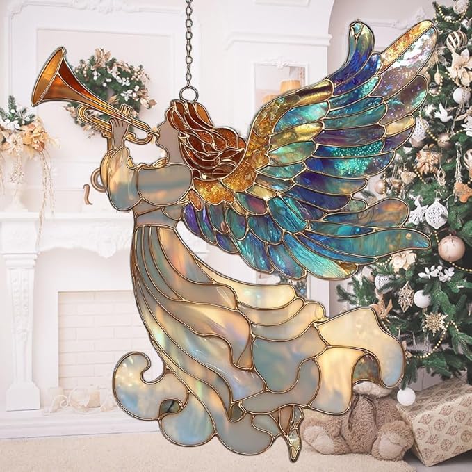 Whistle Angel Mosaic Style Tiffany Effect Acrylic Suncatcher Stained Glass Effect Window Car Hanging Christmas Ornament Indoor Outdoor Decor Garden Sun Catcher Panel for Women Mom Grandma