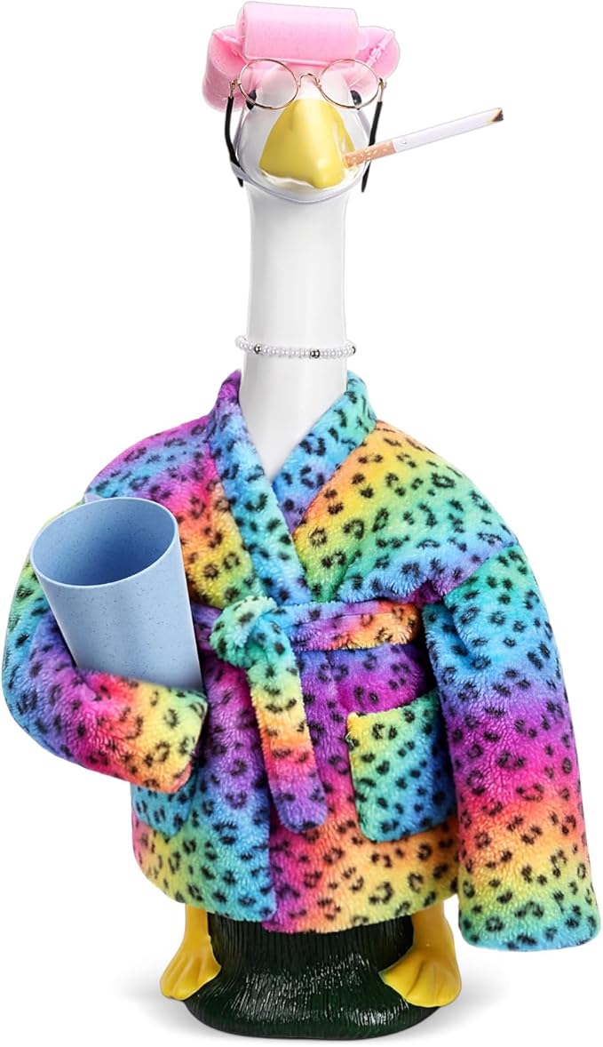 23 Inch Porch Goose Statue Outfits Set Neon Rainbow Leopard Porch Goose Bathrobe Costumes with Clothes & Accessories for Patio Yard Garden Lawn Outdoor Decoration
