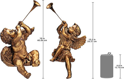 Design Toscano JE930801 Trumpeting Angels of Peter's Square Holiday Statue Ornaments, Set of Two, Boy & Girl, 7 inches Wide, 13 inches Tall, Handcast Polyresin, Antique Gold Finish