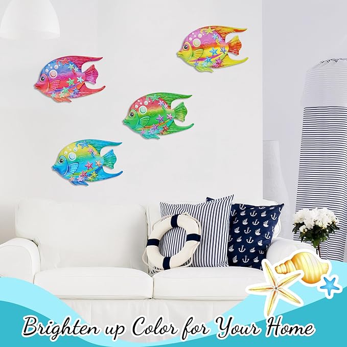 FaloStwer Metal Fish Art Wall Decor, 3D Lifelike Coastal Ocean Sea Hanging Decorations Garden Pool Decor, Set of 4 Colorful Outdoor or Indoor Wall Sculptures(Fish)
