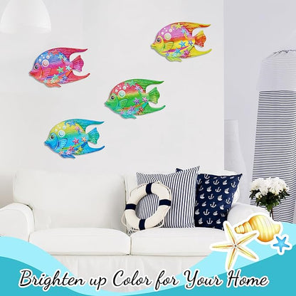 FaloStwer Metal Fish Art Wall Decor, 3D Lifelike Coastal Ocean Sea Hanging Decorations Garden Pool Decor, Set of 4 Colorful Outdoor or Indoor Wall Sculptures(Fish)