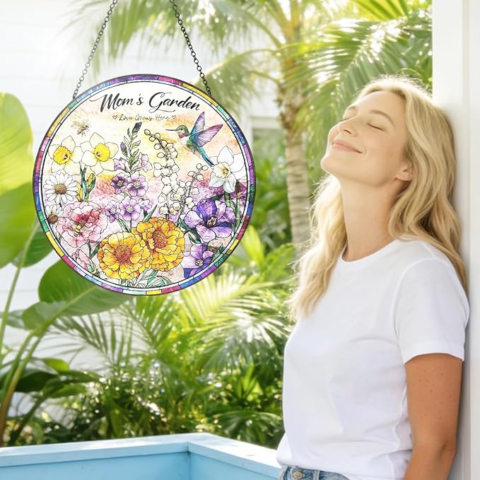 Birthday Gifts for Mom - 8 inch Mom’s Garden Inspired Stained Glass Suncatcher, Floral Window Hanging Ornament, Mothers Day Decorations Gift for Mom Grandma, Mom Birthday Gifts