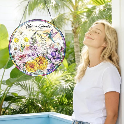 Birthday Gifts for Mom - 8 inch Mom’s Garden Inspired Stained Glass Suncatcher, Floral Window Hanging Ornament, Mothers Day Decorations Gift for Mom Grandma, Mom Birthday Gifts
