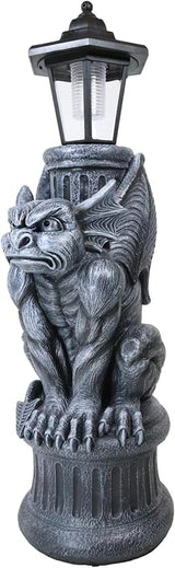 Ebros Faux Stone Gothic Crouching Winged Gargoyle Statue with Solar LED Lantern Light Post 20" Tall Decor Figurine