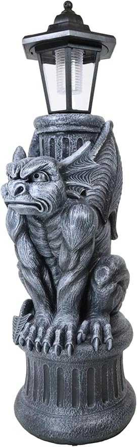 Ebros Faux Stone Gothic Crouching Winged Gargoyle Statue with Solar LED Lantern Light Post 20" Tall Decor Figurine