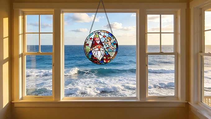 Funoasis Stained Glass Window Hanging Suncatcher - 6.3 Inches Cupid's Arrow of Love and Gnome Ornaments Sun Catcher Home Decor Valentine's Day Gift