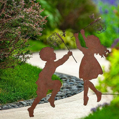 Boy Girl Silhouettes Chasing Butterfly Vintage Metal Garden Silhouette Sculpture, Yard Garden Metal Stake Rustic Decor Gift for Lawn Family Friends