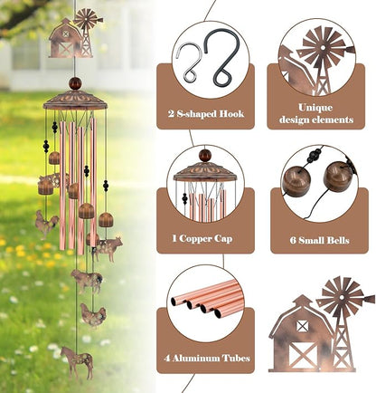 Farmhouse Decor Wind Chimes, Chicken Wind Chime Gift for Women Men, 35" Vintage Metal Farm Animal Windmill & Barn Decor for Home, Outdoor Garden Patio