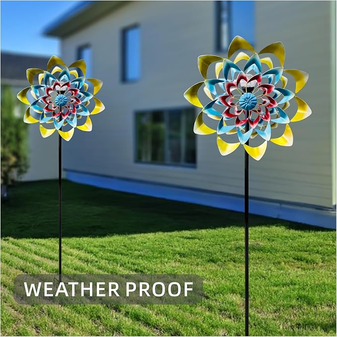 Outdoor Wind Spinner with Garden Stake 82.7" Metal Two-Way Wind Sculptures Solar Color Changing Lights Large Windmills for Garden,Patio,Yard,Lawn Decor Gifts Flower