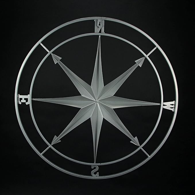Zeckos Weathered Silver Finish Metal Nautical Compass Rose Wall Décor Hanging - Large 26 Inch Diameter Maritime Art Piece for Timeless Coastal Charm - Easy To Hang