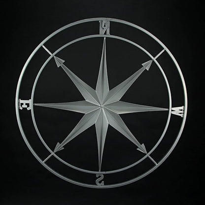 Zeckos Weathered Silver Finish Metal Nautical Compass Rose Wall Décor Hanging - Large 26 Inch Diameter Maritime Art Piece for Timeless Coastal Charm - Easy To Hang