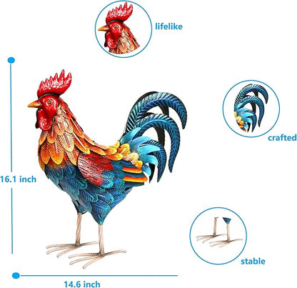 Shorayn Metal Rooster Statues Outdoor Garden Decor Metal Chicken Sculptures & Statues Chicken Ornaments Yard Art for Backyard Patio Lawn Decorations