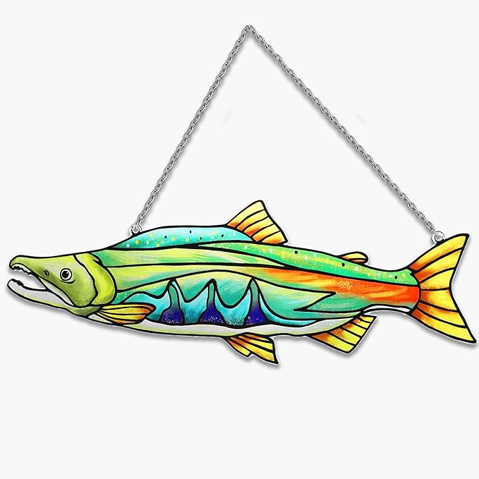 Stained Glass Suncatchers for Windows, Salmon Hanging Sun Catchers Indoor Window, Theme Birthday Gifts for Fishing Lovers