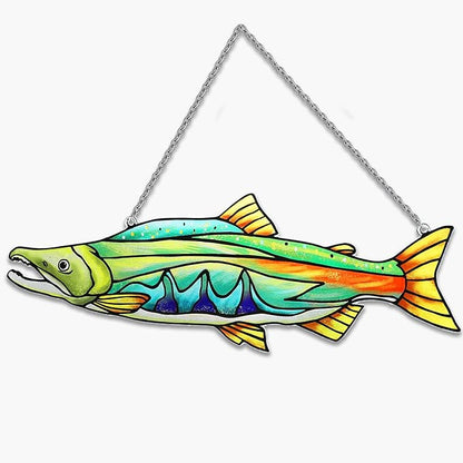 Stained Glass Suncatchers for Windows, Salmon Hanging Sun Catchers Indoor Window, Theme Birthday Gifts for Fishing Lovers