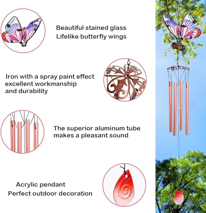 AVEKI Iron Stained Glass Butterfly Wind Chimes - 27.5''H, Pink, Indoor/Outdoor, Home, Garden, Window, Yard, Patio, Lawn Decoration