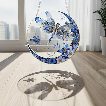Sun Catchers Indoor Window Dragonfly and Flower，8x8 Inch Hanging Acrylic Sun Catchers Indoor Window Decor with Hook for Living Room Bedroom Summer Home Balcony Ornaments Decoration