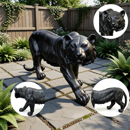Large Black Tiger Statue Outdoor Garden Sculpture - 33.46" L x 15.75" H Weather Resistant Wildlife Animal Figurine Decor Feng Shui Protection Beast for Patio, Lawn, Yard, Pathway