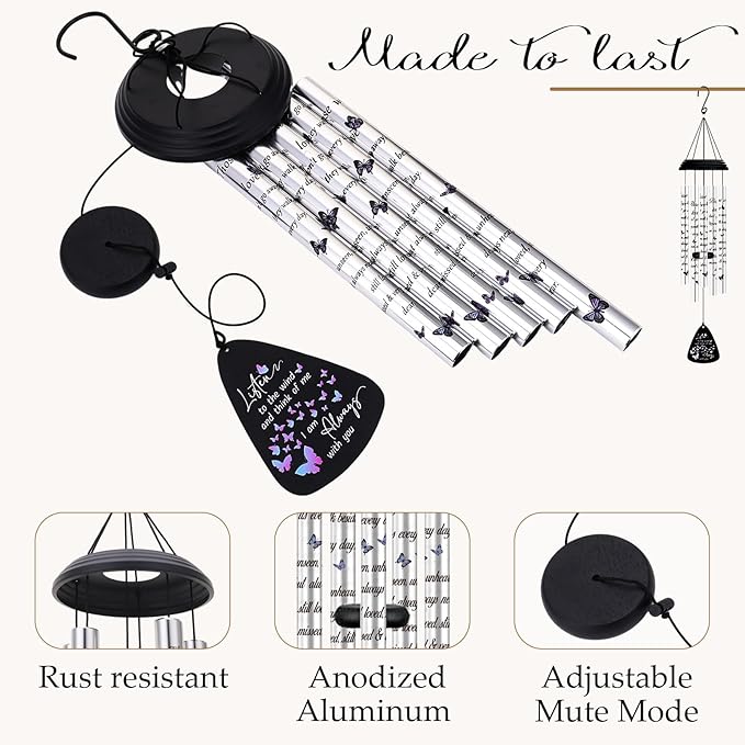 32'' Memorial Wind Chimes for Outside Butterfly Sympathy Wind Chimes Memorial Gift for Loss of Loved One Mother Father Husband Bereavement Chimes