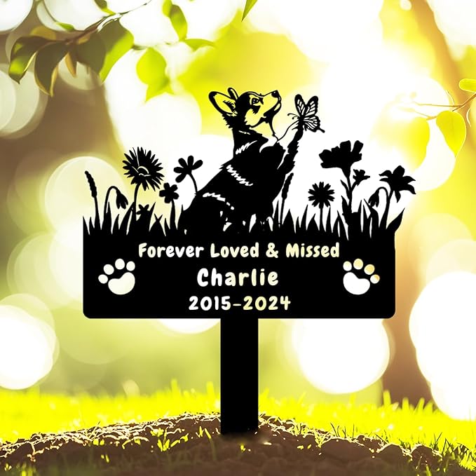 Custom Corgi Dog Memorial Grave Marker,Personalized Metal Flora Dog Memorial Stake,Dog Memorial Plaque Burial Stake Engraved Sign,Sympathy Grave Stake for Lost Dog,Dog Headstone