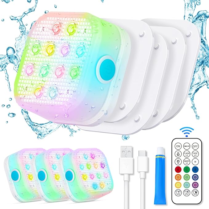 VIDOME Rechargeable Pool Lights, Pool Lights with Remote, IP68 Full Waterproof Submersible Led Lights Built-in Magnet 16 Color Changing Floating Lights for Bathtubs, Ponds, Party Decor (4 Set)