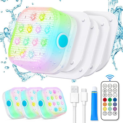 VIDOME Rechargeable Pool Lights, Pool Lights with Remote, IP68 Full Waterproof Submersible Led Lights Built-in Magnet 16 Color Changing Floating Lights for Bathtubs, Ponds, Party Decor (4 Set)